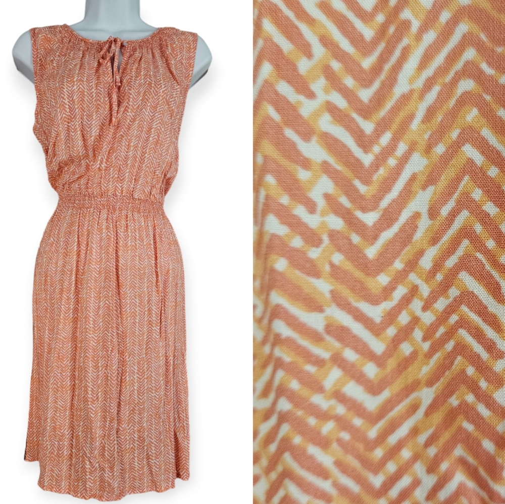 Loft coral orange geometric print smocked blouson dress Womens Medium